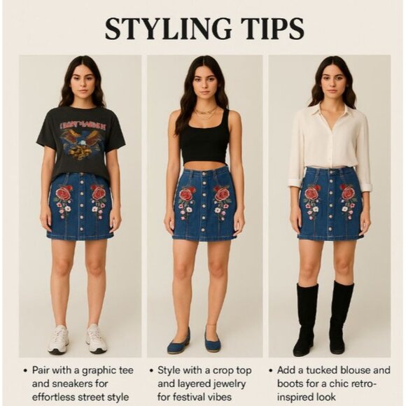 PacSun Size 25 Denim Mini Skirt Snap Front Blue Embroidered Floral Roses Y2K - Picture 8 of 9